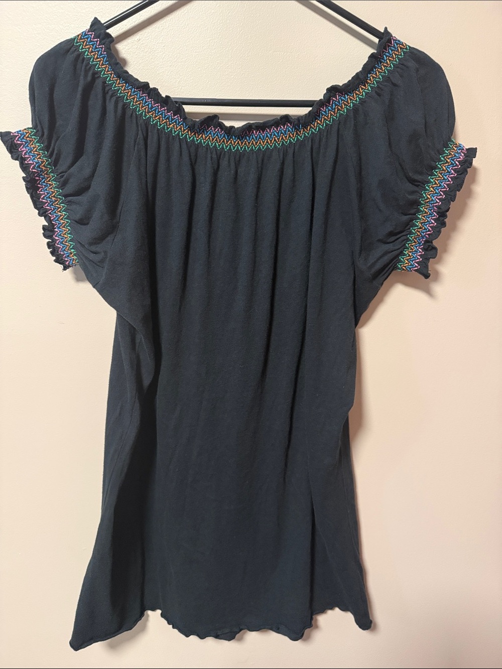 L.O.L. Vintage Black Embroidered Peasant Blouse with Multicolor Floral Trim - Picture 4 of 7